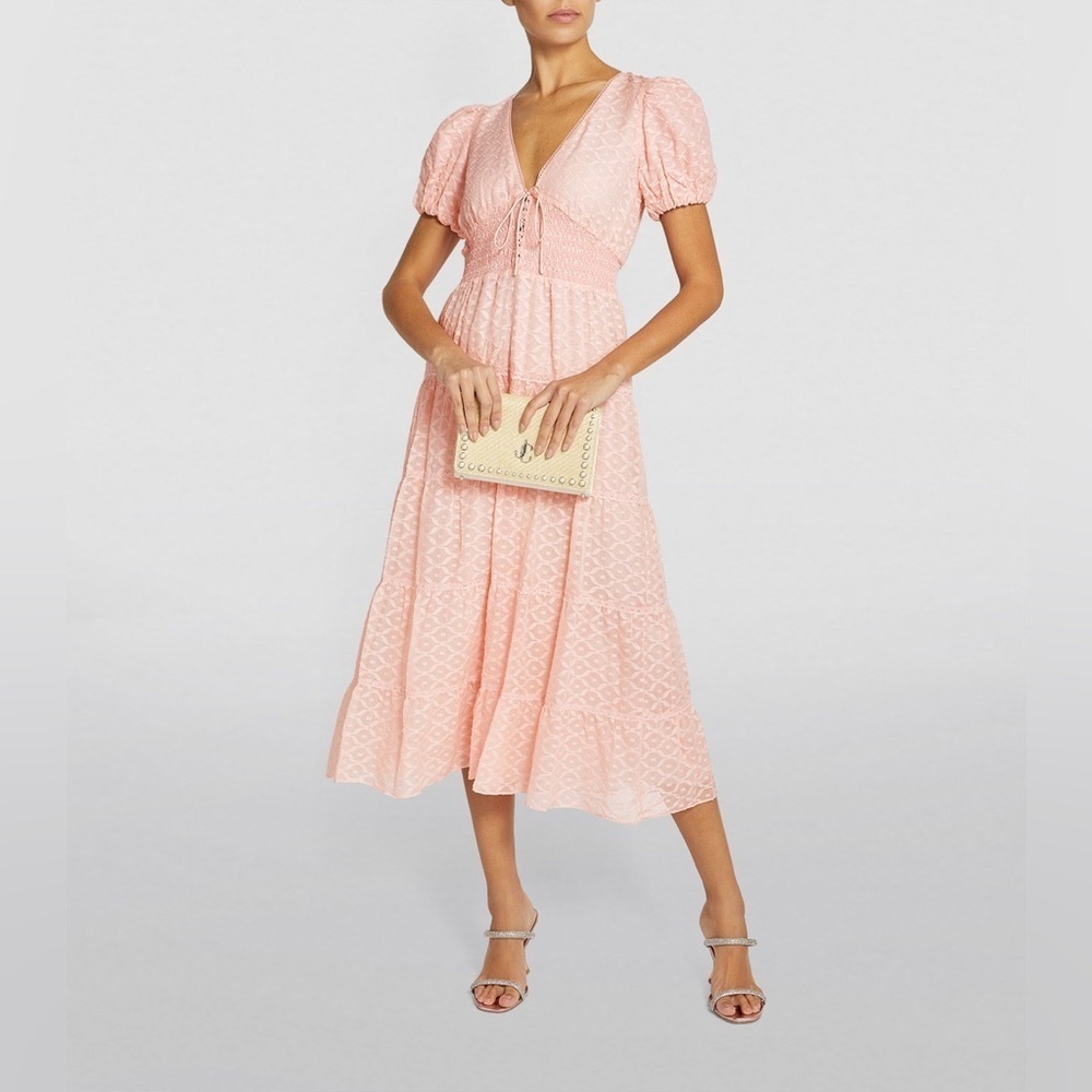 Alice + Olivia Tia Midi Dress Pink Smocked Puff Sleeve Tiered Balletcore
